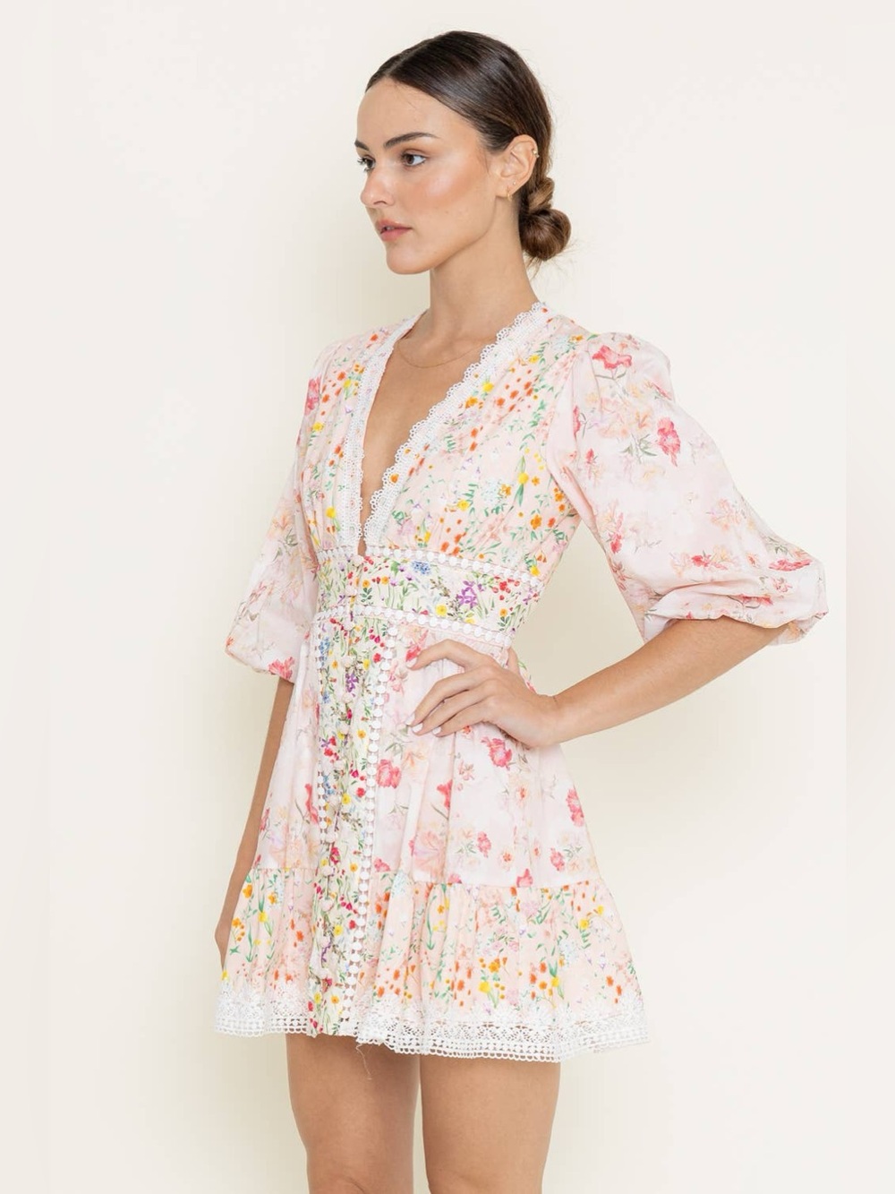 NWOT FORE Collection Floral Print Cotton Crochet Bubble Hem Sleeve Mini Dress - Picture 4 of 13